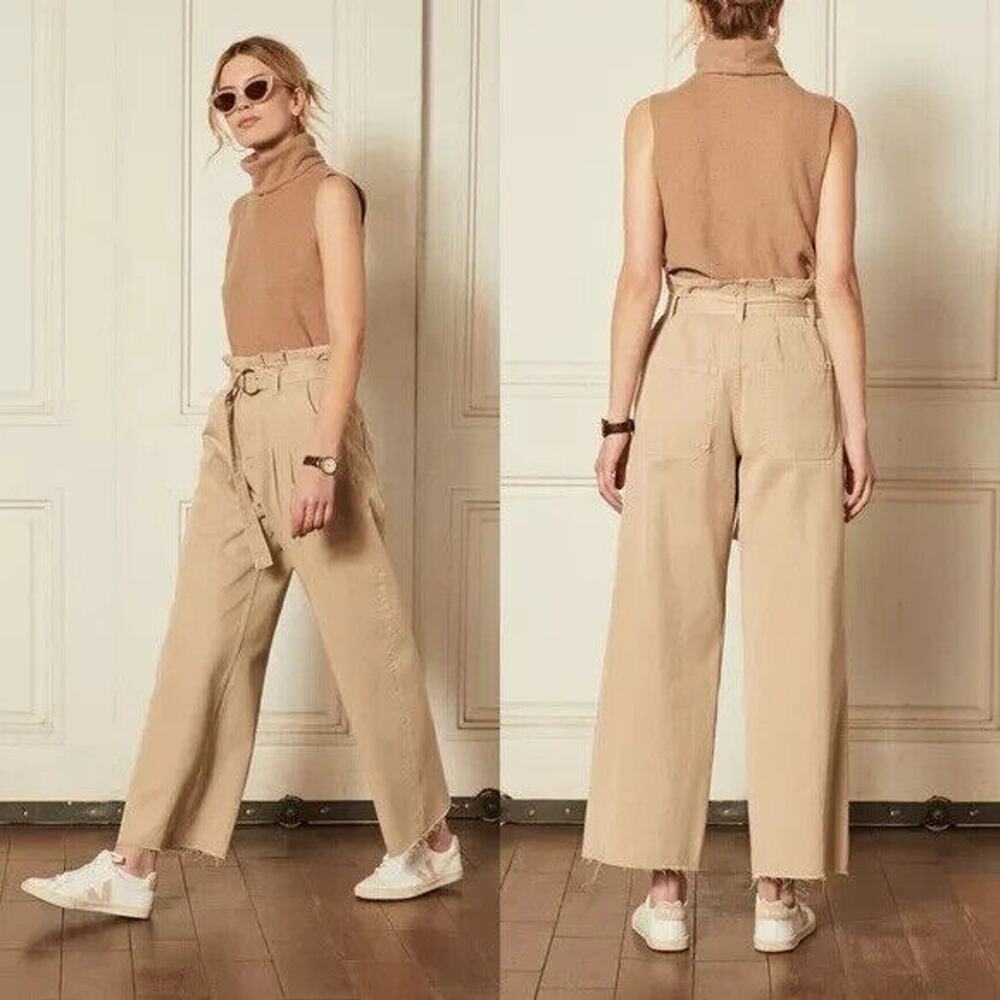 Boyish Clancy Paperbag Beige Wide Leg Chino Pants Sz 32 Pleated Raw Hem Organic